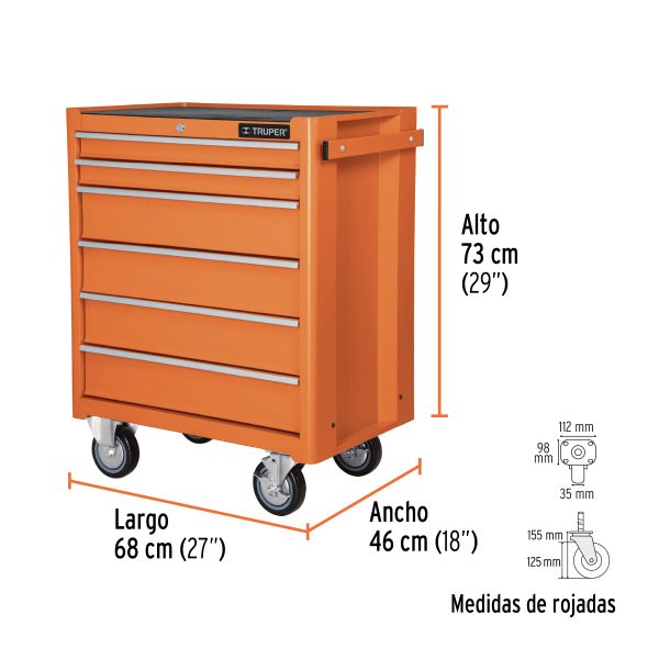 12067 - Gabinete metálico móvil, 6 cajones, capacidad 130 kg, Truper