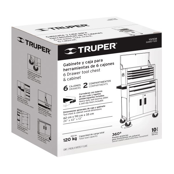 102938 - Gabinete metálico móvil, 6 cajones, 2 compartimentos, Truper