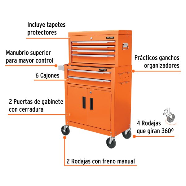 102938 - Gabinete metálico móvil, 6 cajones, 2 compartimentos, Truper