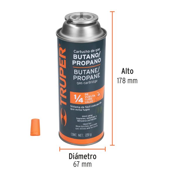 11920 - Lata de gas de 220g con válvula de 1/4 de vuelta, TRUPER