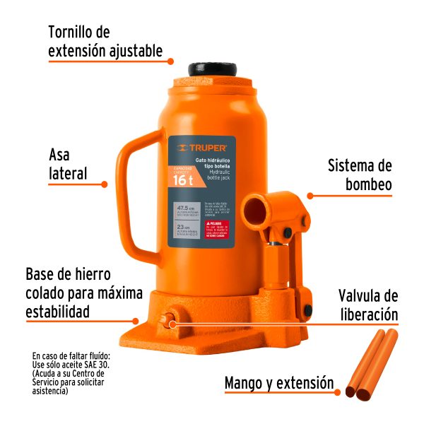 14820 - Gato hidráulico de botella de 16 Ton, Truper