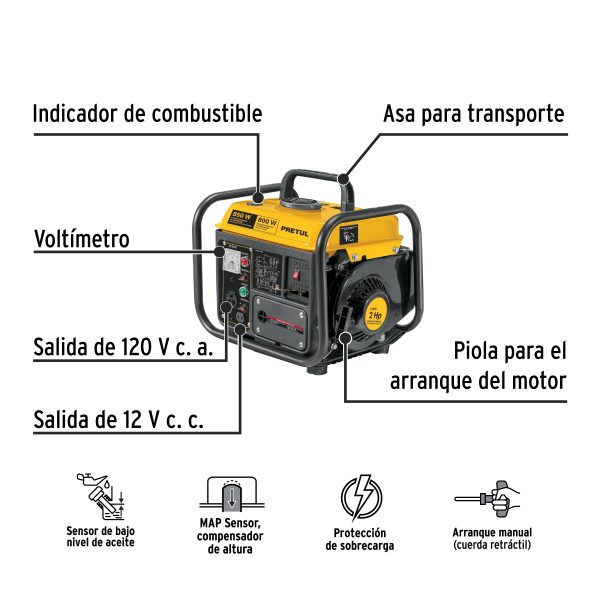 29913 - Generador portátil 0.8 kW motor 2 tiempos a gasolina, PRETUL