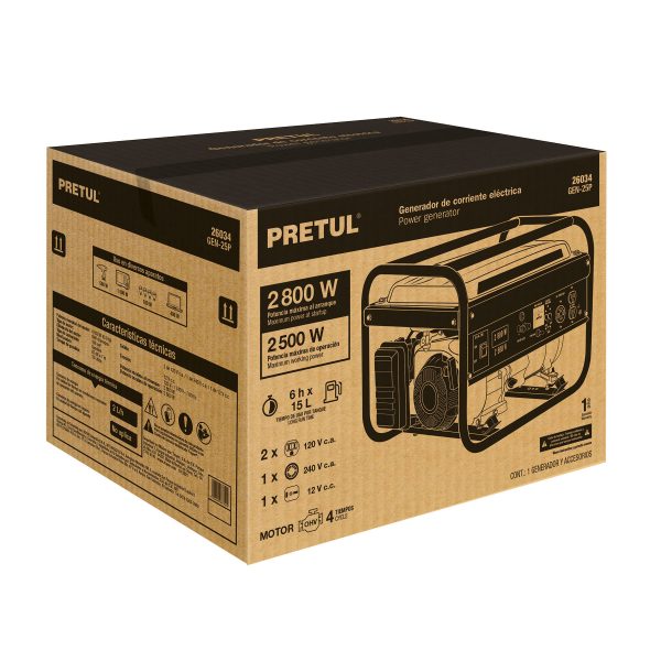 26034 - Generador portátil 2.5 kW motor a gasolina, PRETUL