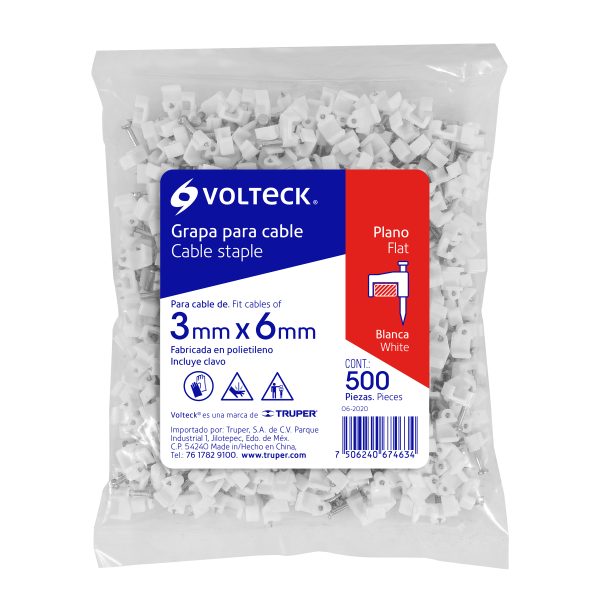 43044 - Bolsa con 500 grapas blancas de 3 X 6 mm para cable plano