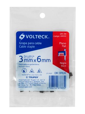 48033 - Bolsa con 20 grapas negras de 3 x 6 mm para cable plano