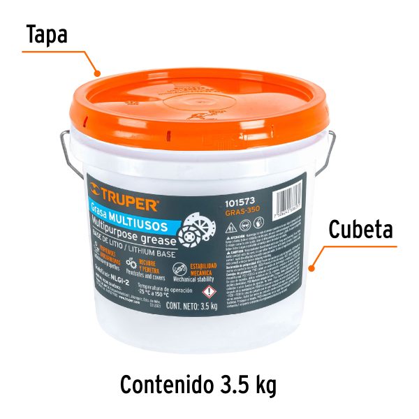 101573 - Grasa lubricante multiusos, base litio, 3.5 kg, Truper
