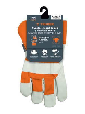 17051 - Guantes de piel de res y dorso de loneta, TRUPER