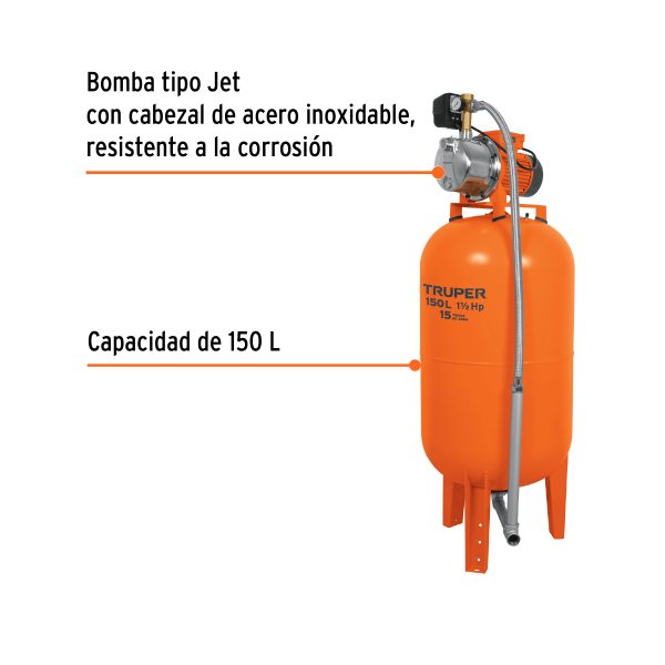 12257 - Equipo hidroneumático 150L, bomba Jet inox. 1-1/2 HP, TRUPER