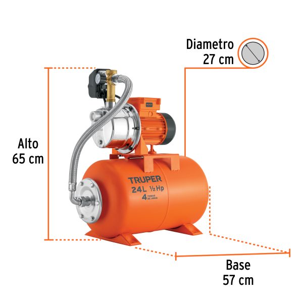 10077 - Equipo hidroneumático 24L, bomba Jet inox. 1/2 HP, TRUPER