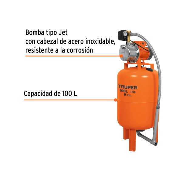 12255 - Equipo hidroneumático 100L, bomba Jet inox. 1 HP, TRUPER