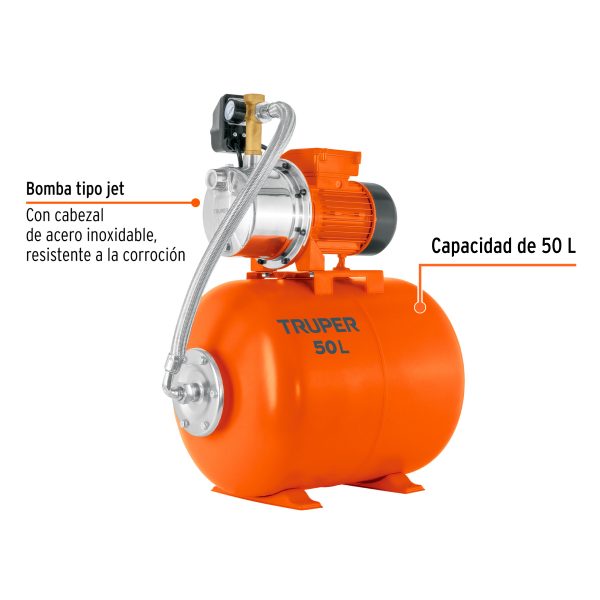 104048 - Equipo hidroneumático 50L, bomba jet inox. 1 HP, TRUPER