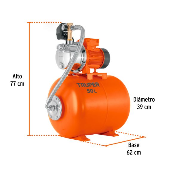 104047 - Equipo hidroneumático 50L, bomba jet inox. 3/4 HP, TRUPER