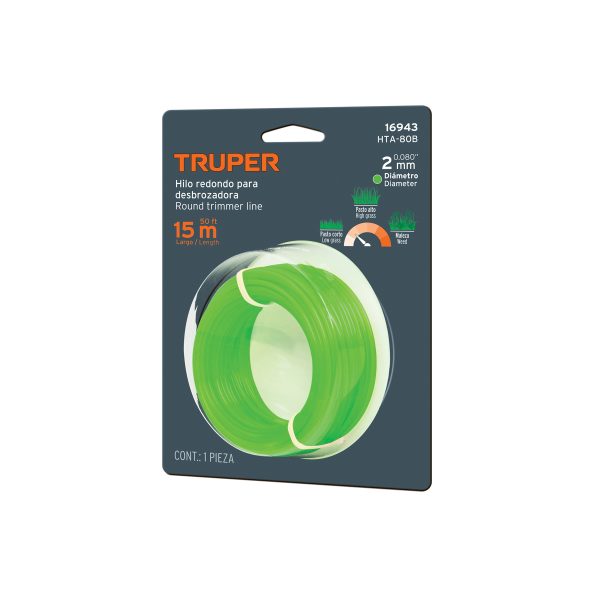 16943 - Hilo redondo, para desbrozadora, 2mm x 15m, tarjeta, TRUPER