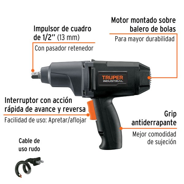 11682 - Llave de impacto 1/2', 900W, 162 lb/ft, TRUPER INDUSTRIAL