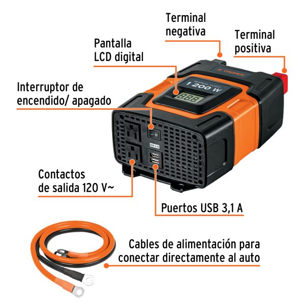10491 - Inversor de corriente de 1200 W con puertos USB, Truper