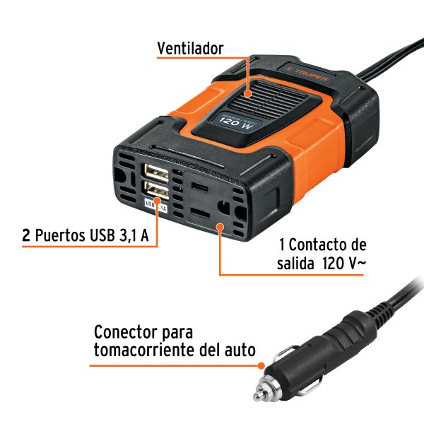 10447 - Inversor de corriente de 120 W con puertos USB, Truper