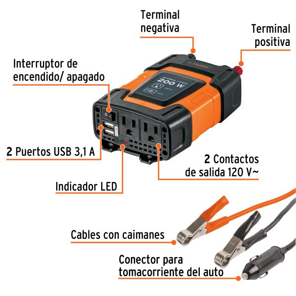 10448 - Inversor de corriente de 200 W con puertos USB, Truper