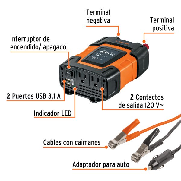 10449 - Inversor de corriente de 400 W con puertos USB, Truper