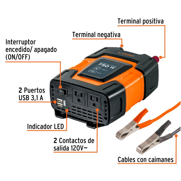 10490 - Inversor de corriente de 750 W con puertos USB, Truper