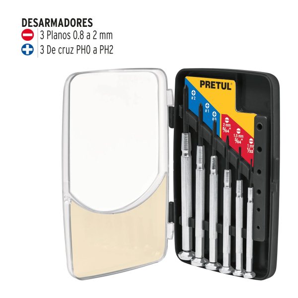 21382 - Juego con 6 desarmadores de precisión mango metálico, Pretul
