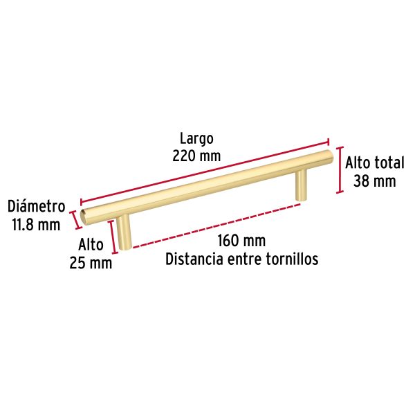 43872 - Jaladera de acero, 160mm, línea Cilindro, latón brillante