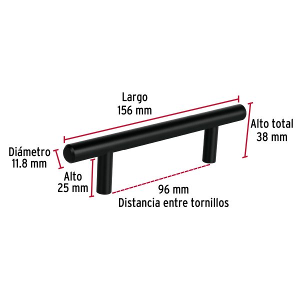 49731 - Jaladera de acero, 96mm, línea Cilindro, negro, HERMEX