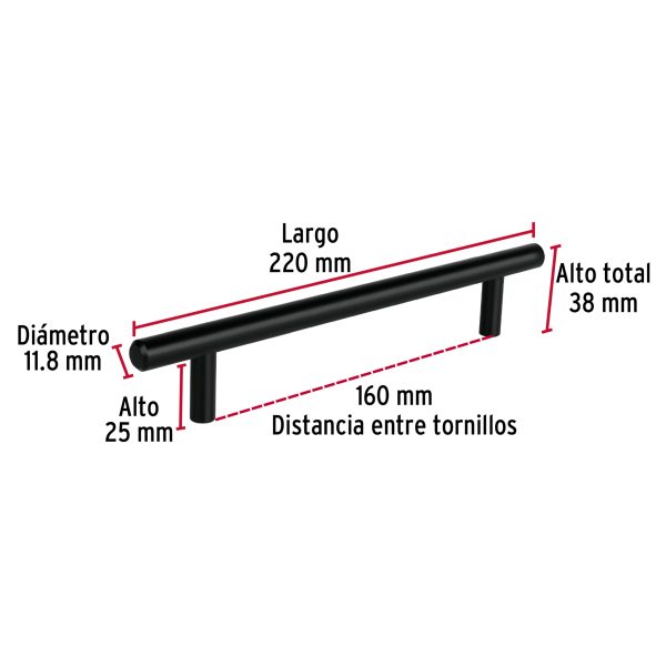 49733 - Jaladera de acero, 160mm, línea Cilindro, negro, HERMEX