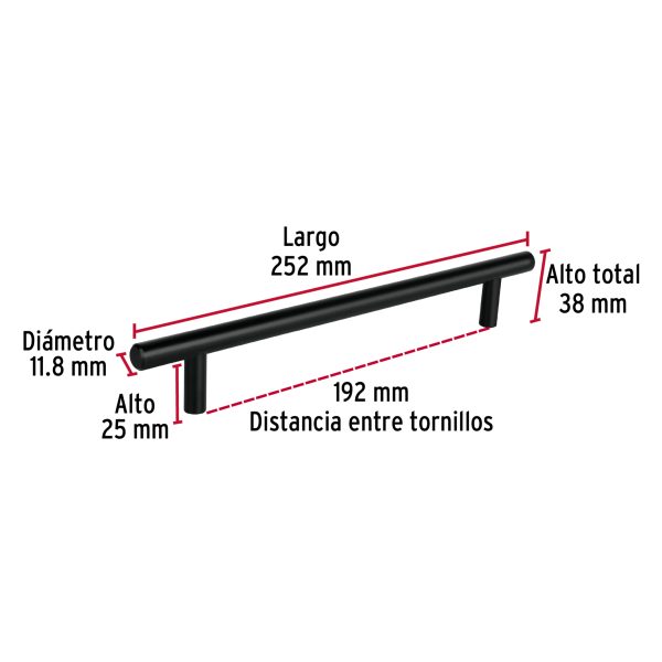 49734 - Jaladera de acero, 192mm, línea Cilindro, negro, HERMEX