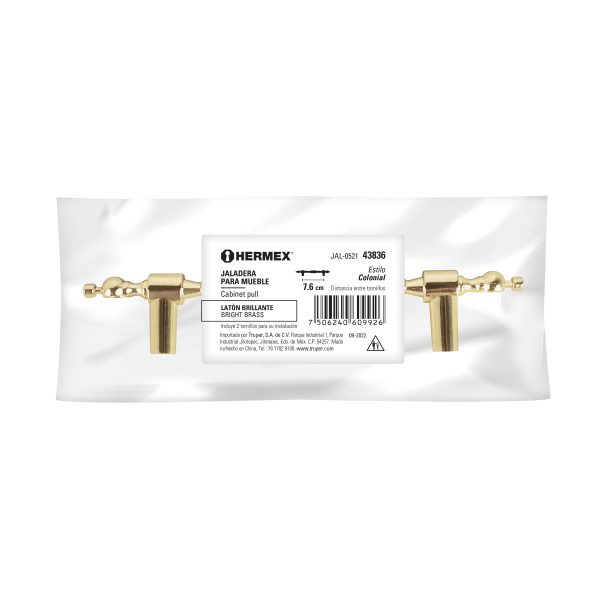 43836 - Jaladera metálica de 76mm estilo 'Colonial', latón brillante