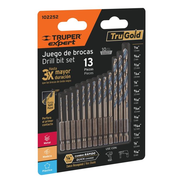 102252 - Juego de 13 brocas HSS p/metal zanco cambio rápido, Expert