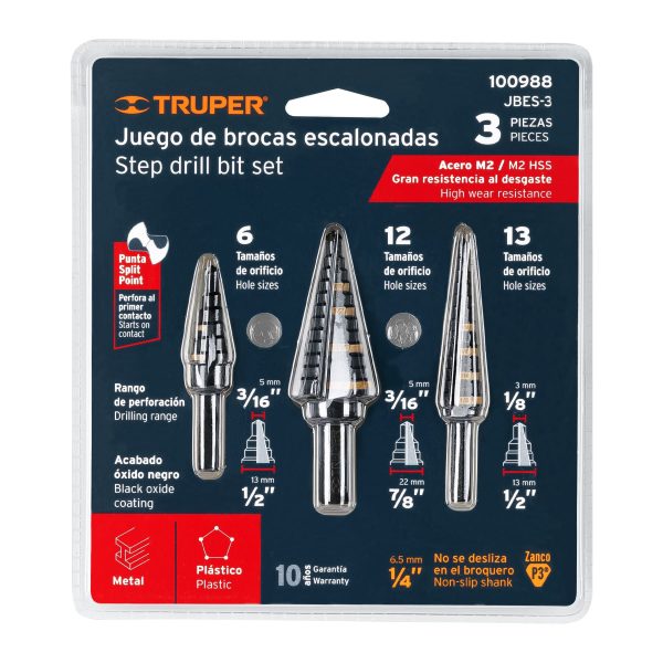 100988 - Juego de 3 brocas escalonadas de óxido negro, Truper