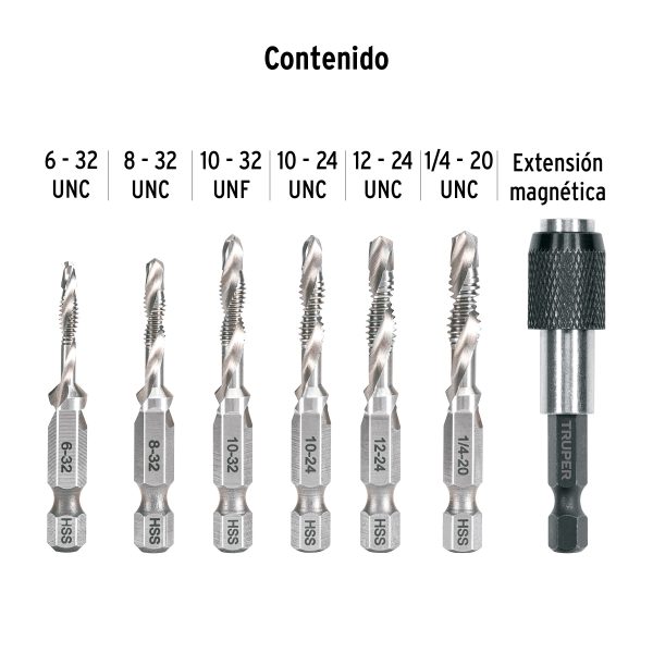 102335 - Juego de 6 brocas HSS con machuelo para metal, Truper