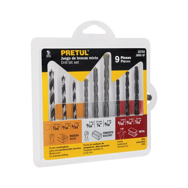 20704 - Juego de 9 brocas para metal, concreto y madera, Pretul