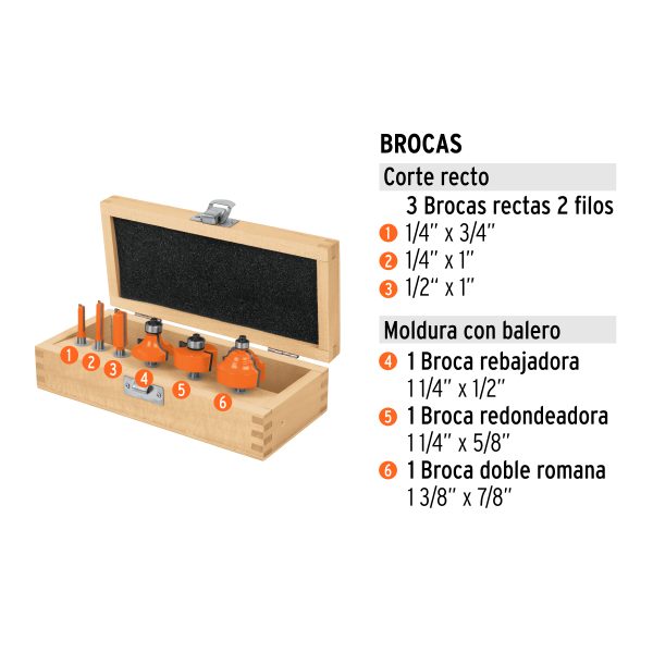 11359 - Juego de 6 brocas para router, Truper