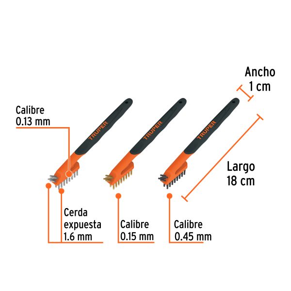 10652 - Juego de 3 mini cepillos de alambre 28 pinceles, Truper