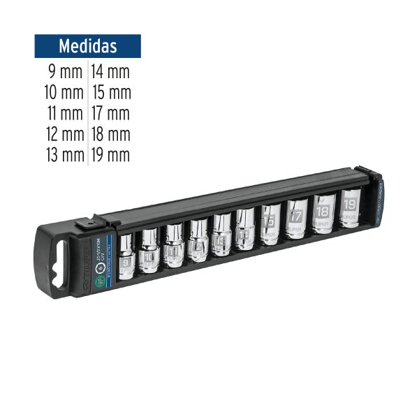14177 - Juego de 10 dados cuadro 1/2' mm, Truper