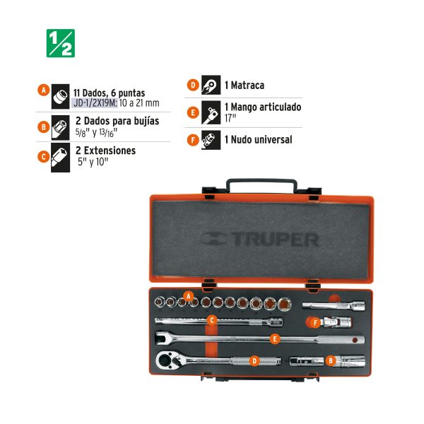 13936 - Juego de 18 herramientas cuadro 1/2' mm para mecánico