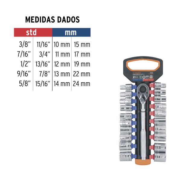 103110 - Juego de dados mm y std con matraca, cuadro 1/2', Truper