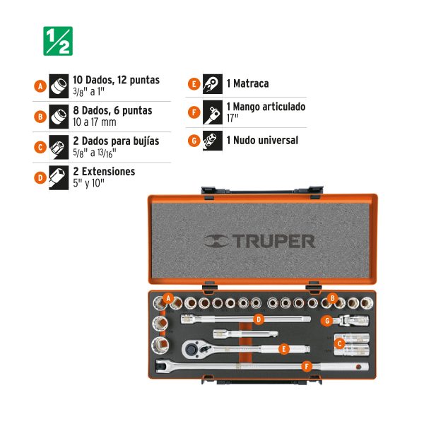 13938 - Juego de 25 herramientas cuadro 1/2' std y mm para mecánico