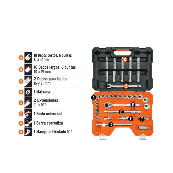 102249 - Juego de 36 herramientas cuadro 1/2' mm para mecánico