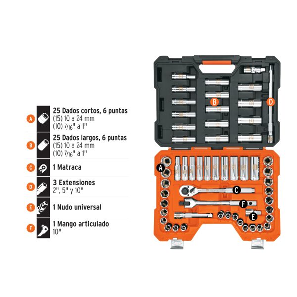 102261 - Juego de 56 herramientas cuadro 1/2' std y mm para mecánico