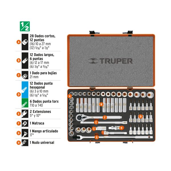 12892 - Juego de 64 herramientas cuadro 1/2' std y mm para mecánico