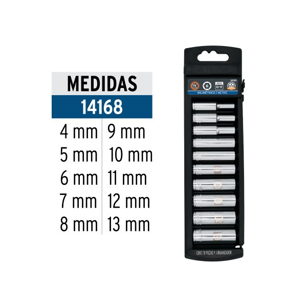 14168 - Juego de 10 dados largos cuadro 1/4' mm, Truper
