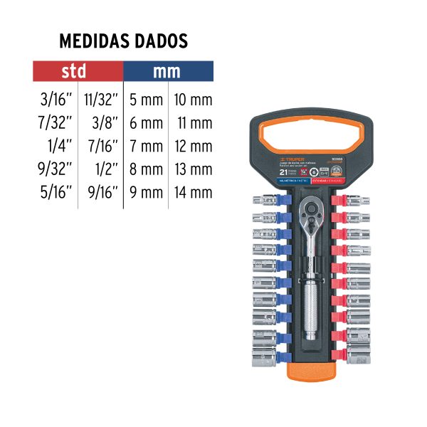 103108 - Juego de dados mm y std con matraca, cuadro 1/4', Truper