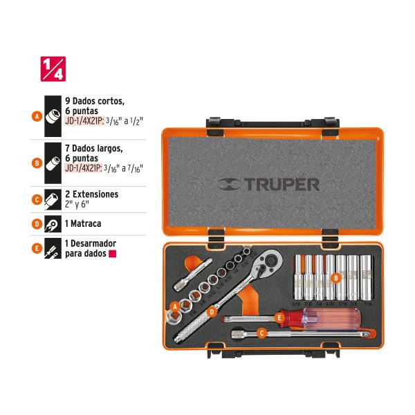 13980 - Juego de 20 herramientas cuadro 1/4' std para mecánico