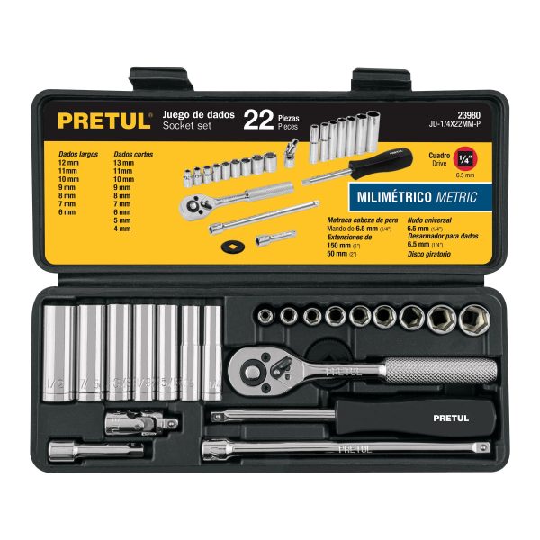 23980 - Juego de 22 herramientas 1/4' mm para mecánico, Pretul