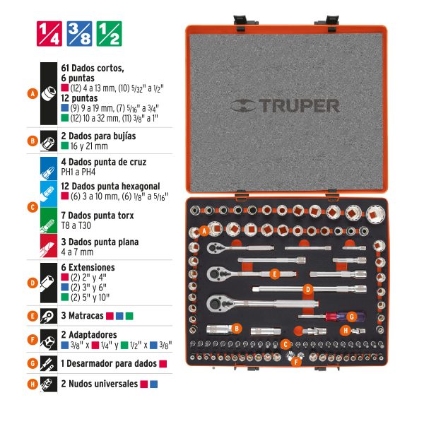 12893 - Juego 103 herramientas 1/4', 3/8' y 1/2' std y mm p/mecánico