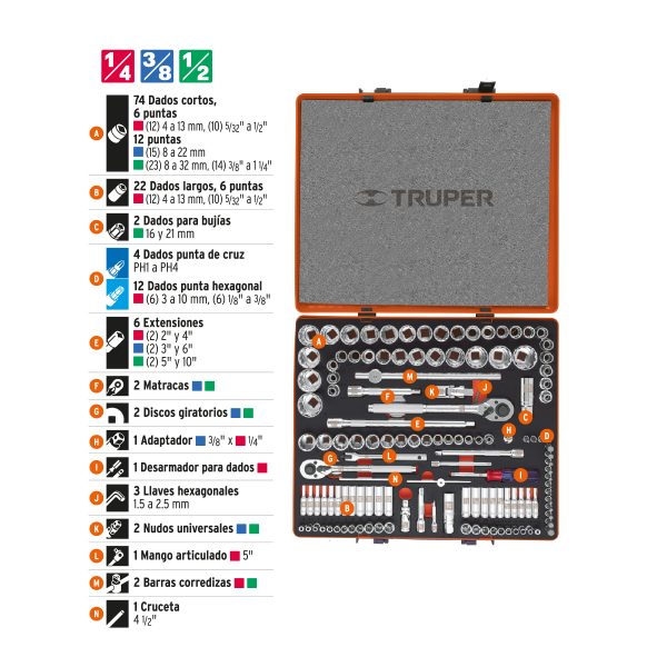 13975 - Juego 135 herramientas 1/4', 3/8' y 1/2' std y mm p/mecánico