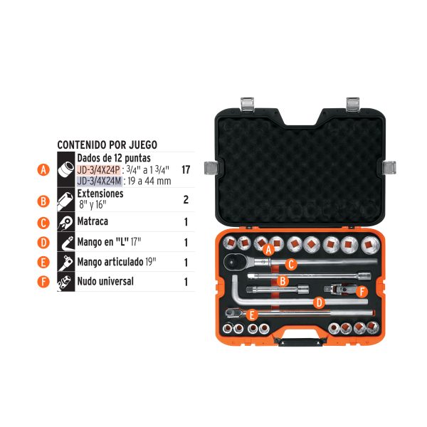 13970 - Juego de 23 herramientas cuadro 3/4' std para mecánico