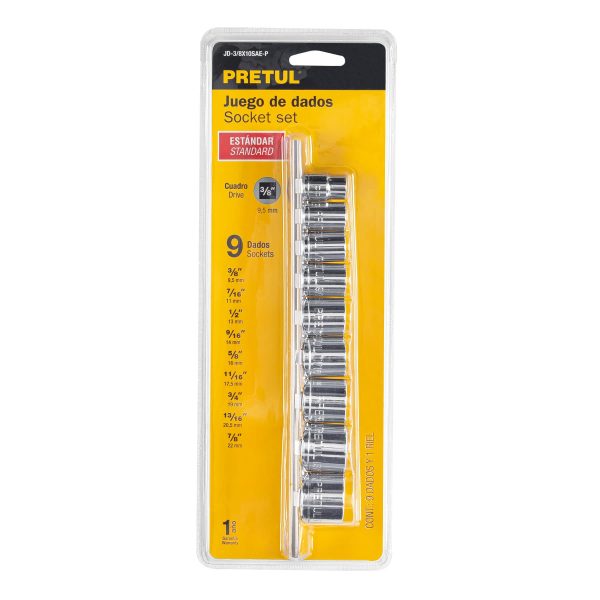 21185 - Juego de 9 dados cuadro 3/8' std, Pretul